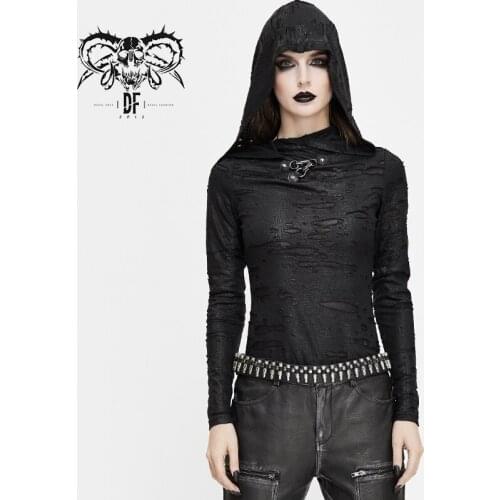 Devil Fashion Womens Gothic Daily Long Sleeve Top Casual Wear Slim Fit Broken Hole Hooded T-shirt