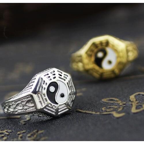 Chinese Style Gossip Yin Yang Symbol Rings for Men Gold Silver Color Stainless Steel Amulet Ring Finger Male Bands Jewelry Gift