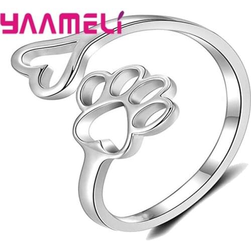 925 Sterling Silver Opening Adjustable Dog Cat Footprints Finger Rings for Men Women Boy Girl Party Jewelry Christmas Gifts