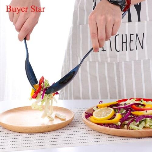 Kitchen Food Server Pasta Utensils Public Gold Tableware Using Buffet Restaurant Tools Big Salad Spoon Fork Set Stainless Steel