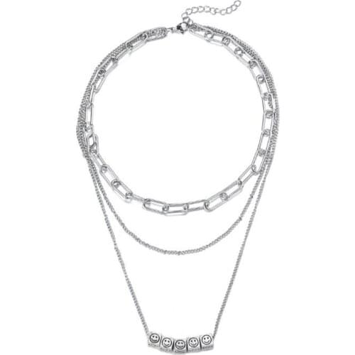 Stainless Steel Hip Hop Smiley Cube Chain Link Multilayer Vintage Pendant Necklace Jewelry Gift For Women Men