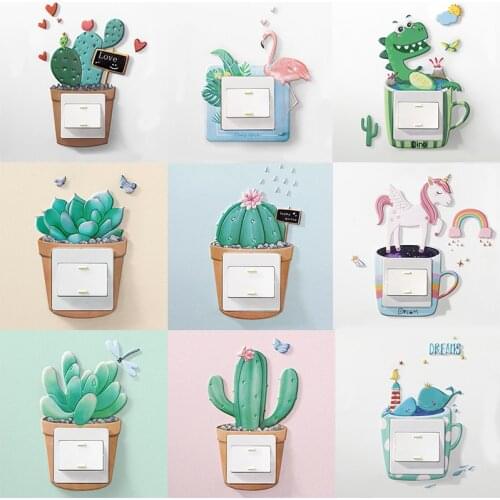 Cartoon animal Plant succulent cactus flamingo unicorn decoration switch sticker Wall Sticker room decor Bedroom kids room