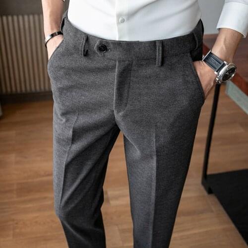 2021 Autumn Winter Men Thick Woolen Business Dress Pant Pullable Belt Gentleman Office Social Casual Suit Pants Wedding Trousers