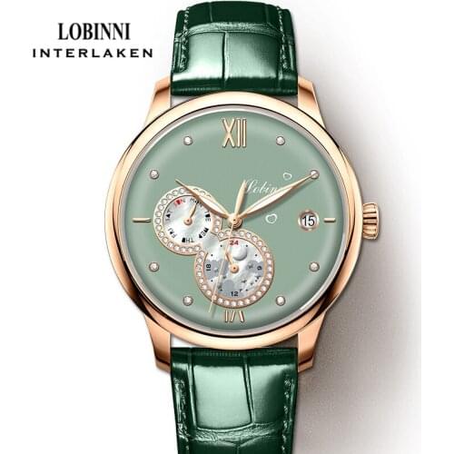 LOBINNI New Elegant Women Watch Automatic Mechanical Watch Date Week Waterproof Ladies Wristwatch Luminous Hands Female Clock