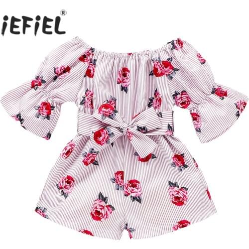 Baby Girl Clothes Summer Off-Shoulder Floral Print Bow-tie Waist Overall Romper Jumpsuit Outfit Toddler Kids Cotton Sunsuit