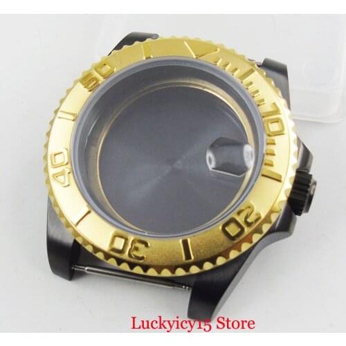 Gold Coated Bezel PVD Plated Black 40mm Watch Case with Sapphire Glass Fit ETA 2836 MIYOTA Movement