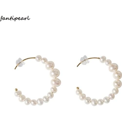 Simple pearl earrings 14K gold bag gradient pearl C-shaped earrings female trend elegant temperament pearl earrings