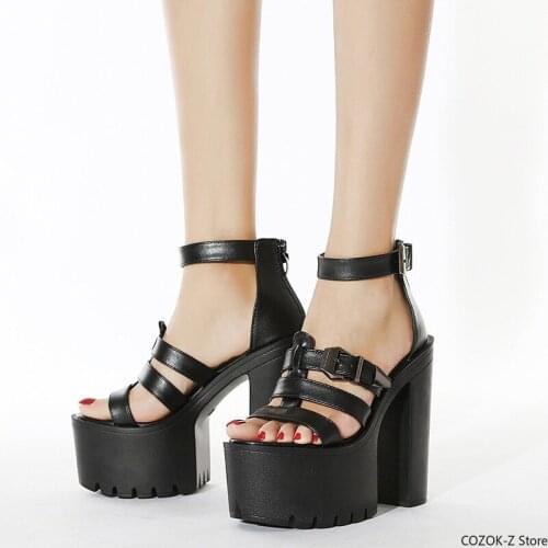 Ankle Strap Summer Fashion Women Sandals Open Toe Platform Shoes High Thick Heels Female Black Unique Party Shoes