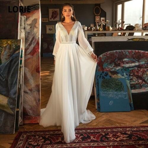 LORIE Bohemian Wedding Dresses V-Neck Chiffon Arabic Wedding Gowns Long Sleeves Chiffon Backless Bridal Dress suknia ślubna