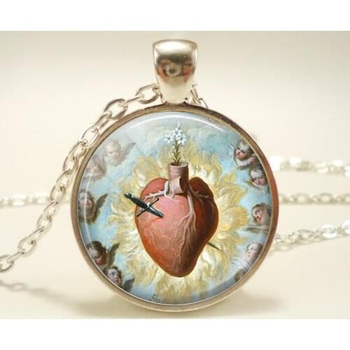 Sacred Heart of Mary Pendant Necklace Glass Dome Mexican Religious Art Jewelry Gothic Gift
