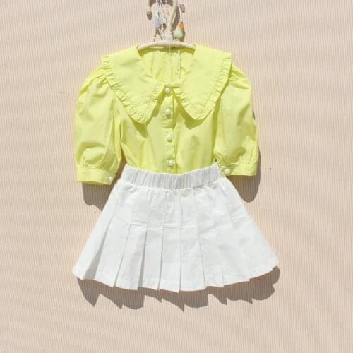 Toddler Girl Puff Sleeve Top Summer Teenage Girls Button Yellow Blouse Fashion Children Turn-down Collar Short Sleeve Shirts