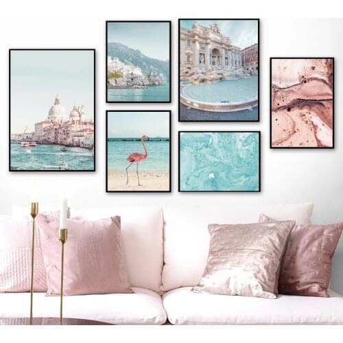Italy Venice Canal Cherry Blossoms Flamingo Wall Art Canvas Painting Nordic Posters And Prints Decor Pictures For Living Room