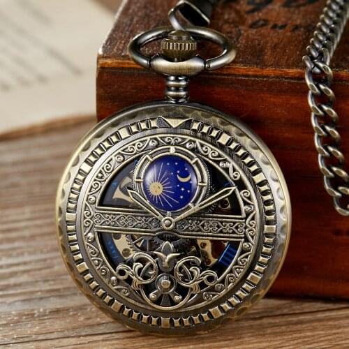 Vintage Hollow Mechanical Pocket Watch Moon Star Design Steampunk Skeleton Hand-WInd Watch Roman Numerals Clock With Fob Chain