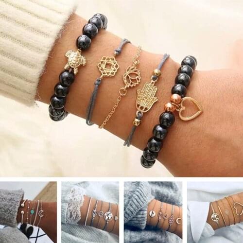 L&H Vintage Trendy Multiple Styles Adjustable Open Bracelet Set Classic Bohemia Multilayer Bracelets Women Fashion Party Jewelry