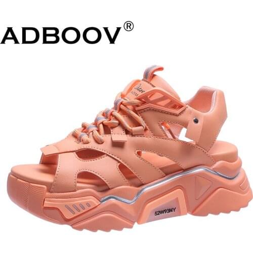 ADBOOV Lace Up Chunky Sandals Women Open Toe Leather Platform Sandals Shoes