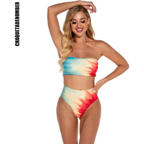 2021 Women Tie Dye Bikinis Set Swimwear Summer Sexy Tube Top High Waist Swimsuit Two Piece Halter Top Bathing Suit Swimming Wear