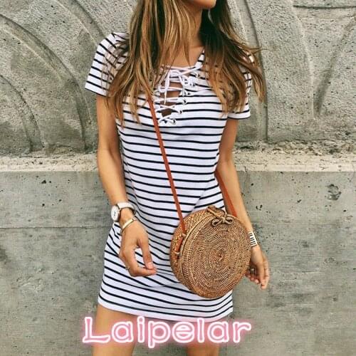 New Fashion Women Short Sleeve Striped Dress Sexy V Neck Lace Up Mini Dresses Slim Fit Causal Vestido Laipelar