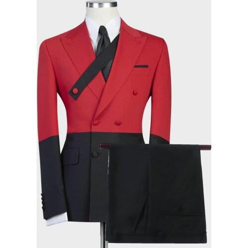 2021 Red And Black Men Suits Double Breasted (Jacket+Pants) Peaked Collar Slim Fit Groom Suits For Wedding Dinner Party Tuxedos