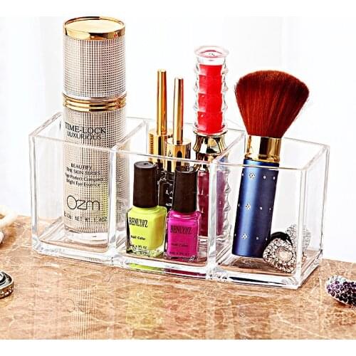 3 Grids Clear Acrylic Makeup Organizer Cosmetic Holder Makeup Tools Storage Box Brushes Eyebrow Pencils Keychains Accessory Case