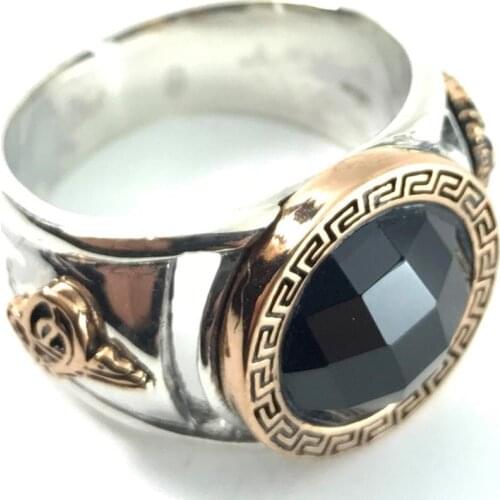 LARGE MIDDLE ROUND BLACK STONE SIDES OTTOMAN ARMORY CHARISMATIC RING 925 SILVER Muslim Ring