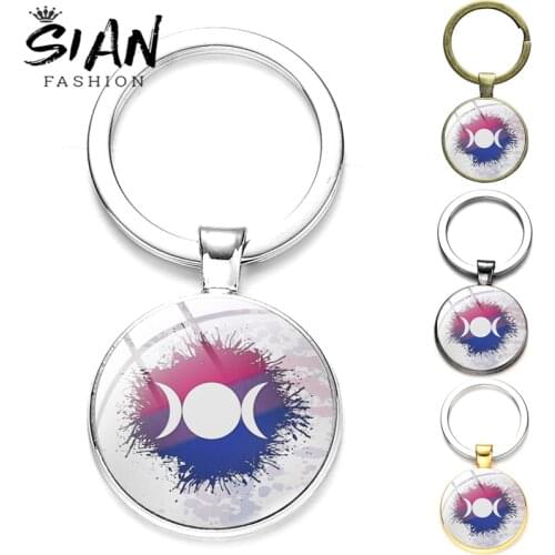SIAN Keychain Rainbow Bisexual Triple Goddess Symbol Vintage Metal Key Chain Glass Surface Key Ring Fashion Accessories Jewelry