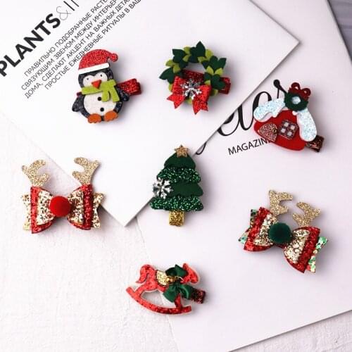 Boutique 20pcs Fashion Glitter Candy Cane Penguin Horse Reindeer Ears Bow Hairpins Cartoon Hair Clips XMAS New Year Headwear