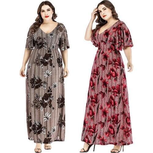 Bohemian Flower Printed Long Dress Muslim Women Summer Casual Loose Arab Abaya V-neck Ramadan Islamic Middle East Kaftan Fashion