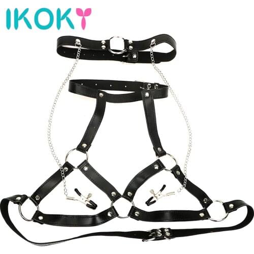 IKOKY Body Harness SM Bondage Bra Restraints Nipple Clamps PU Leather Sex Toys For Women Fantasy Breast Clips Mouth Gag O Ring
