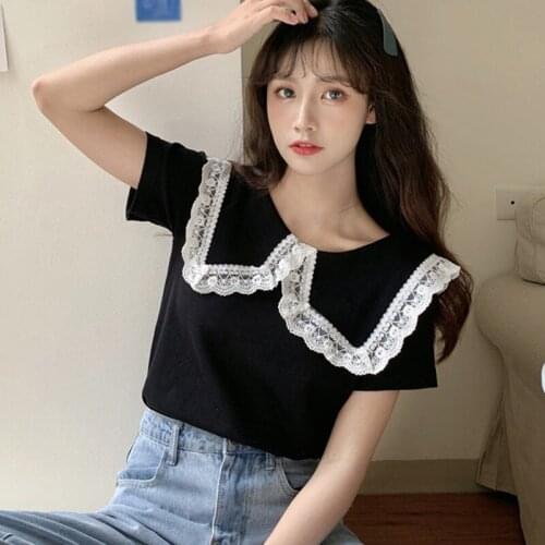 Lace Stitching Lapel T-shirt Knitted T Shirts For Women Girls Cute Doll Collar Lace Tops