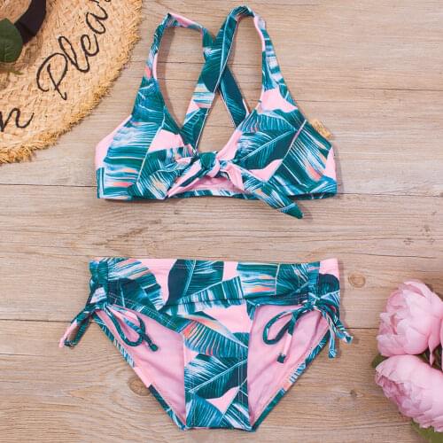Leaf Print Girl Swimsuit Kids Bandage Two Piece Childrens Swimwear Bow Tie Girl Bikini Set Padded Girls Bathing Suit Beachwear