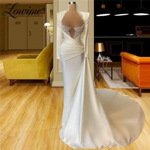 Lowime 2021 Arabic Long Ivory Prom Dresses Mermaid Full Sleeves Dubai Muslim Pearls Party Gowns Satin Arabic Evening Dress Robes