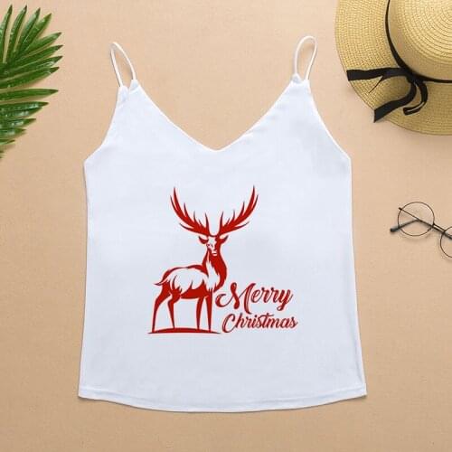 Sexy Spaghetti White Tank Top Womens Clothing Christmas Shirt Elk Vintage Print Camisoles V-neck Casual Tops Mujer Haut Femme
