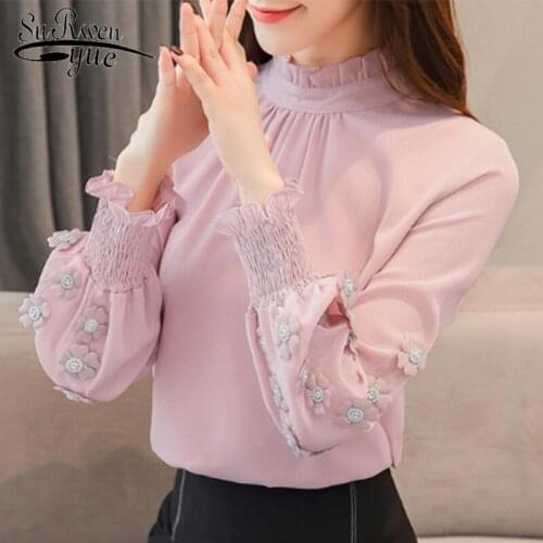 Fashion New Arrival sweet Pink Womens Tops and Blouses Stand Long Sleeve Chiffon Blouse Female Clothes Loose Office Tops 6939 50