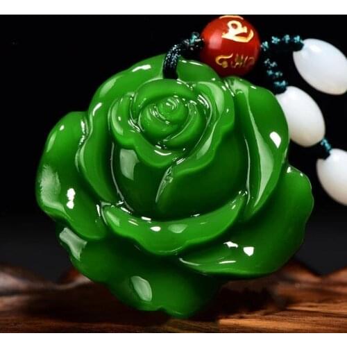 Natural Green Hand Carved Rose Jade Pendant Fashion Boutique Jewelry Mens and Womens Flower Rich Necklace