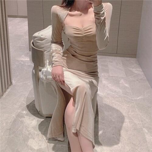 Real Shot 2020 New Fashionable Womens All-Match Shawl Short Coat + Sexy Pleated V-Neck Split Bottoming Dress