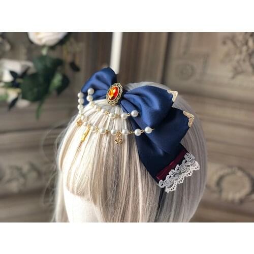 Sweet Handmade Headwear Bow Hairband KC Hair Ribbon Headband Lolita Lace Pearl Chain Original Design Cute Red Blue