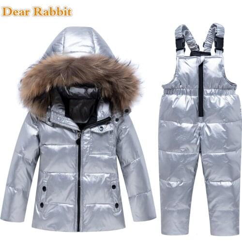 Parka real Fur boy baby girl winter thin down jacket warm kids coat children ski snowsuit clothes Silver waterproof clothing Set