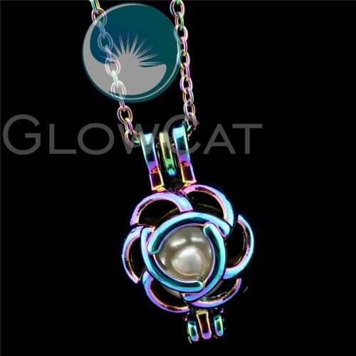 R-C215 Rainbow Color Flower Beads Cage Pendant Aromatherapy Perfume Diffuser Stone Pearl Cage Locket Necklace