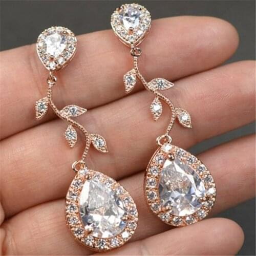 Luxury White Crystal Zircon Leaf Dangle Earrings for Women Oval Water Drop Earring Jewelry Wedding Party Accessories