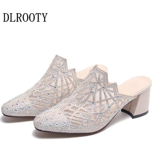Woman Sandals Shoes Slippers Summer Style Slides Slip On High Heels Thick Fashion Hollow Solid Crystal Casual Comfortable