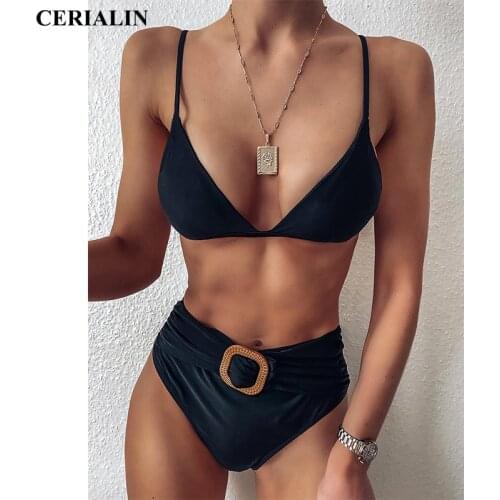 Sexy Low Cut Bikini Explosion Models Women Bikini High Waist Solid Color Black Swimming Wear Ladies Swimsuit Split Two Piece New