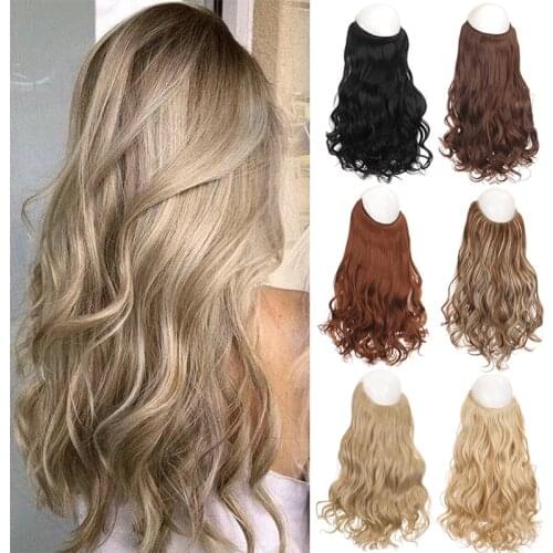 XUANGUANG 24 Inches No Clips In Natural Hidden Secret False Hair Piece Synthetic Hair Extension Long Curly Fish Line Hair Pieces