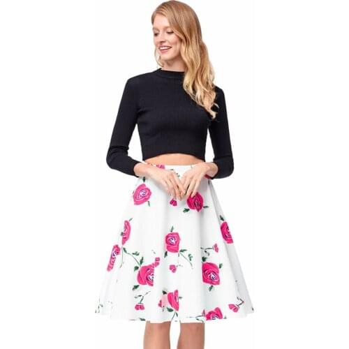 Retro print 2019 new spring summer wild pleated Cute sexy fashion High quality vintage white rose print 2017 summer A-line skirt