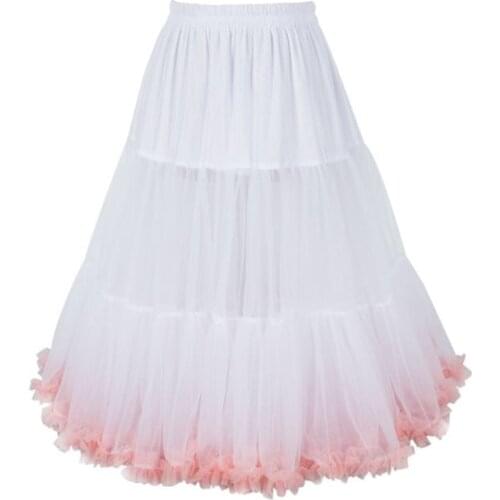 60cm Women Lolita Candy Cloud Tulle Petticoat Contrast Color Pink Ruffles Puffy Midi Long Tutu Skirt Hoopless Elastic Wa