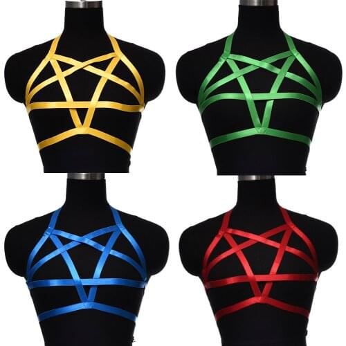 Women Fetish Crop Tops Pentagram Bondage Caged Bralette Gothic Bra Garters Lingerie Harajuku Gothic Body Cage Bra Rave Festival