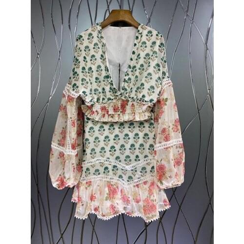 Crop Sets 2021 Summer Fashion 2 Piece Sets Ladies Sexy V-Neck Floral Print Long Sleeve Crop Tops+A-Line Mini Skirt Sets Casual