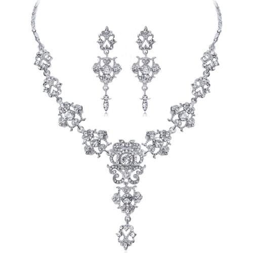 New Wholesale Bridal Jewelry Sets Silver Crystal White Pendant Necklace Stud Earring Silver Plated Jewellery Women