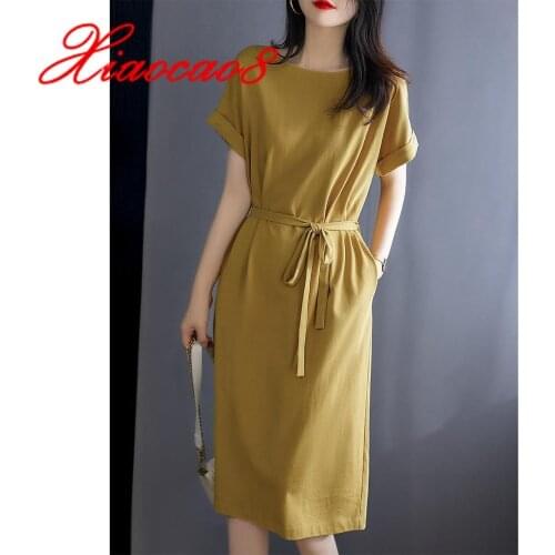 Plus Size Women Summer Dress Solid Elegant Short Sleeve Dresses for Women Cotton Sashes Casual Dress Oversized Women Clothing