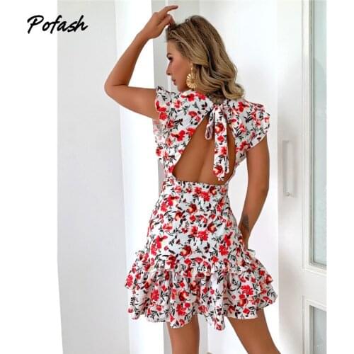 Pofash Floral Print Bodycon Dresses Women Deep V Neck Hollow Out Sexy Mini Dress Cascading Ruffle Summer Dresses 2021 Vestidos