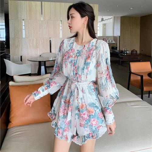 Floral Print Autumn Beach Boho Dress Women O-Neck Lantern Sleeve Mini Party Dress Vintage Office Runway Single Breasted B527